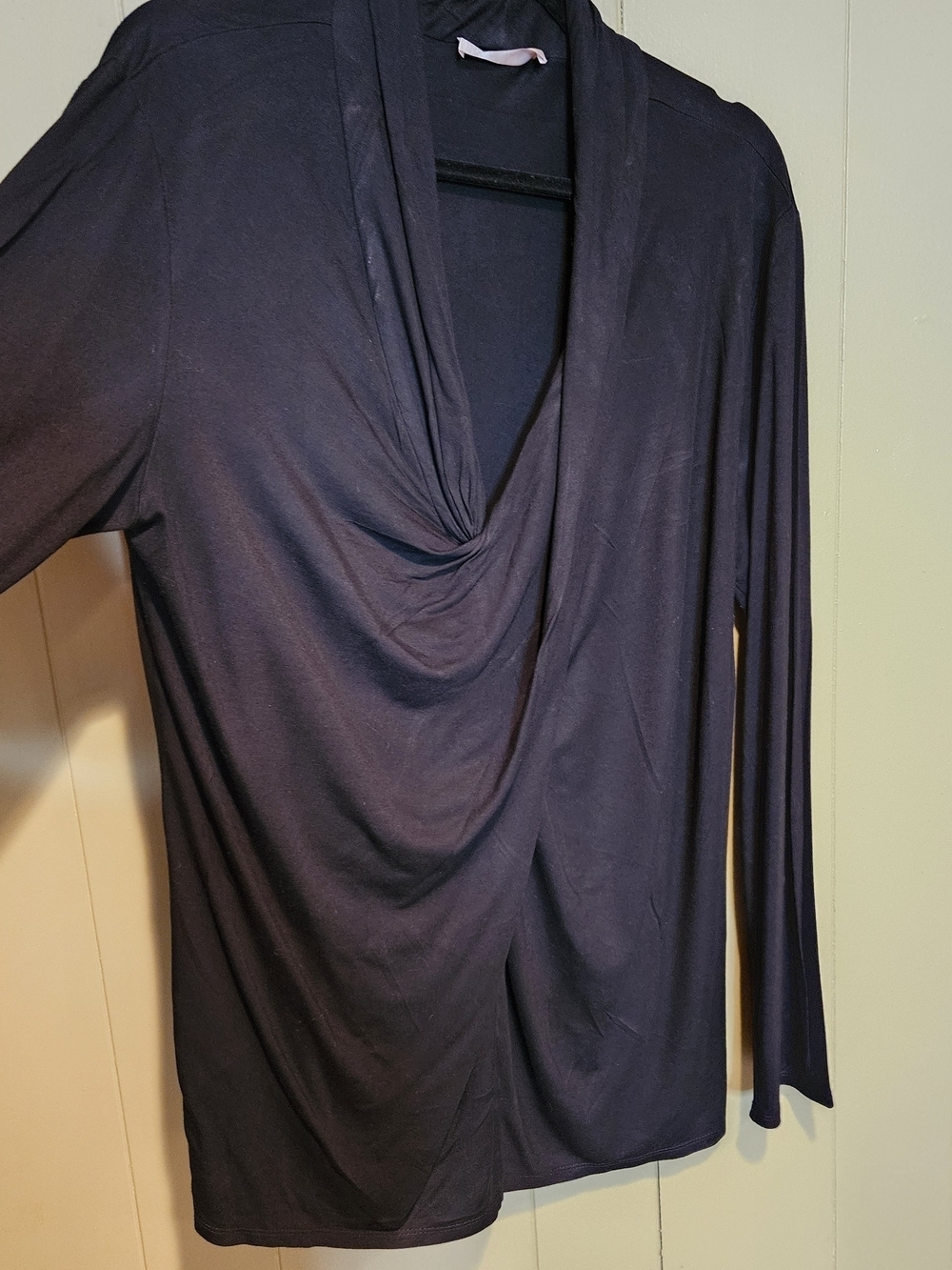 Natori Black Drape Front Top XL Stretch Knit Long Sleeve Elegant Flowy Blouse